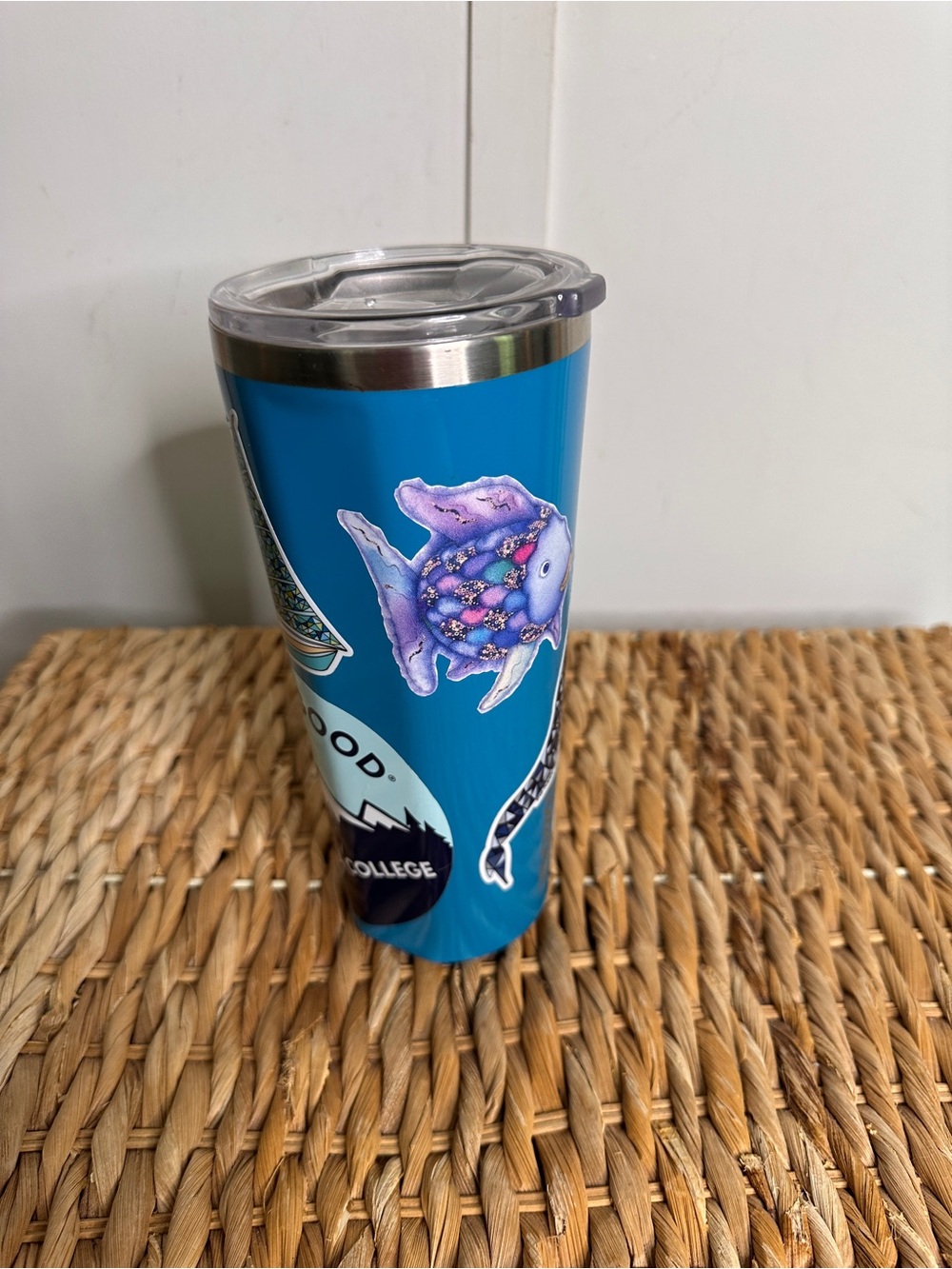 Corkcicle Blue Stainless Steel Travel Tumbler with Fish Sticker